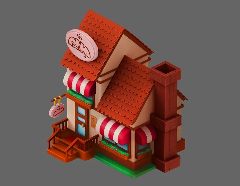 Stylized 2D bakery house concept with a red tiled roof, brick chimney, striped awnings over the windows, wooden porch with railing, signboard, and flower beds set on a grass base