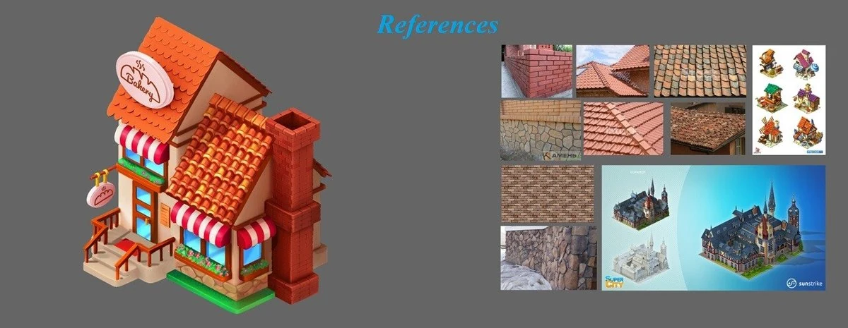 Final refined version of the bakery house with varied brickwork on the chimney, dimensional roof tiles, individual stones in the foundation, larger flowers in a fluffier flower bed, and added glare on glass and metal surfaces