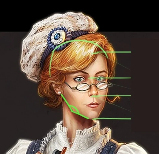 Final corrected character with softer facial proportions and the hat resting lower into the hairline.