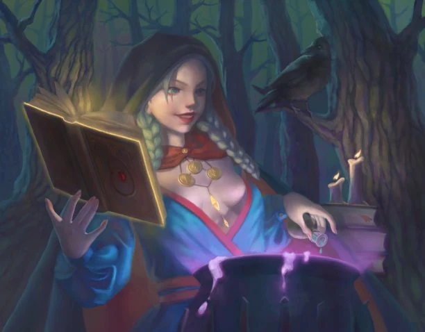 Original test artwork of a young witch performing a small ritual in a forest with a cauldron, books, candles and a raven on a branch