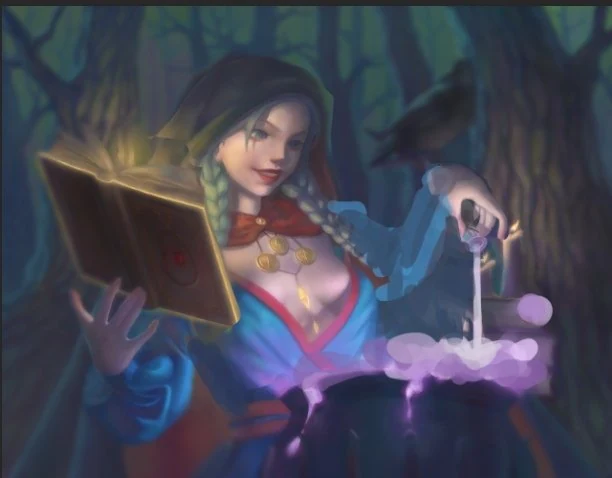 Annotated overlay highlighting the lack of dynamic pose and the flat layering between the witch and the surrounding forest