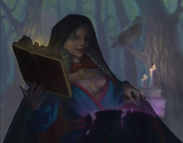 Black silhouette of the witch overlapping the cauldron and forest, showing how the character's outline merges with the background