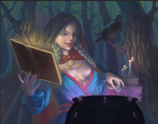 Scale comparison overlay showing the witch placed against trees that read as too short for the height of the character
