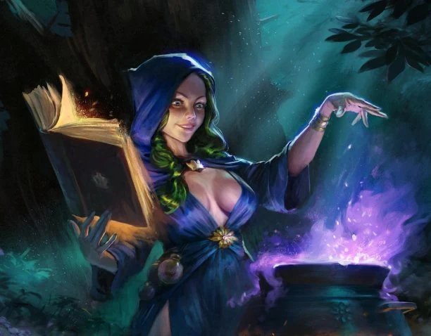 Revised witch illustration with raised hand over a bubbling cauldron, simplified costume, glowing book and moonlit forest receding into deep masses of trees