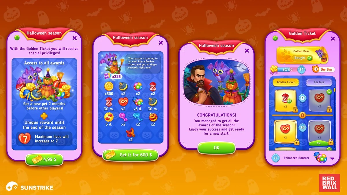 Four mobile UI windows for Park Town Halloween season - access pass, shop with discounts, congratulations popup and Golden Ticket store