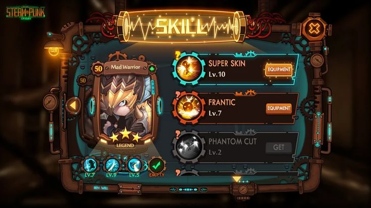 Steampunk skill upgrade UI screen with Mad Warrior portrait, Super Skin and Frantic abilities, ornate brass frames and gear motifs