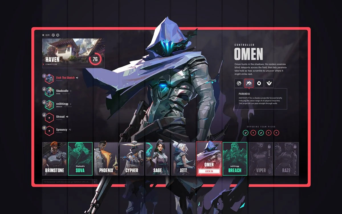 Valorant agent select screen with Omen character art, controller role description, Paranoia ability text and team-pick lineup