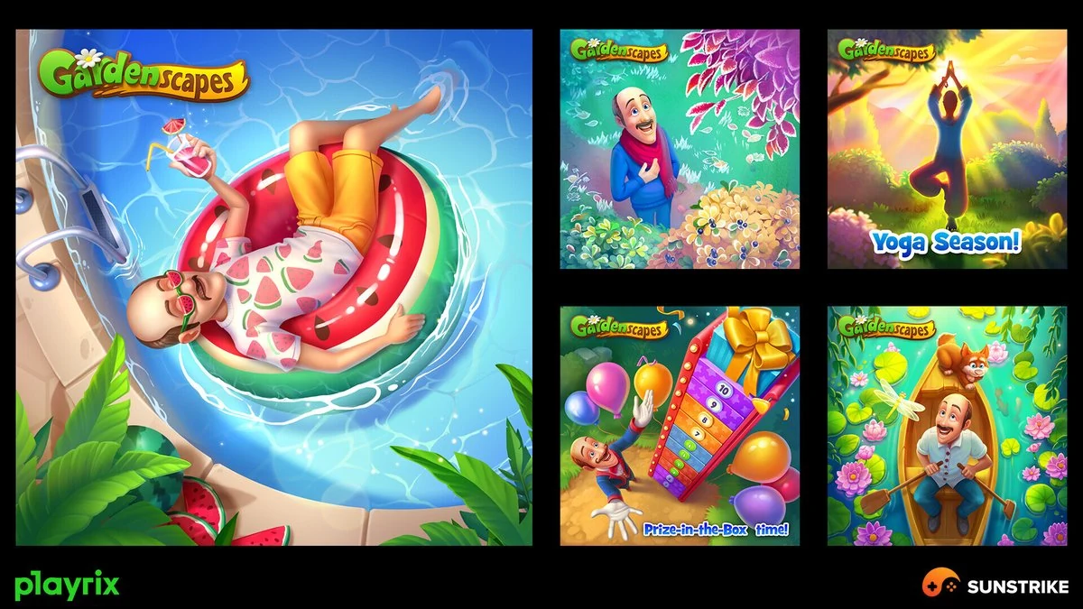 Gardenscapes mobile game banners by Playrix - bright summer pool float, autumn yoga, gift box puzzle and bow archery scenes