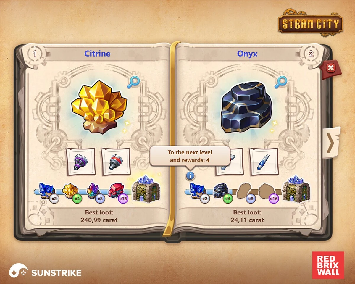 Steam City book-style mobile UI showing Citrine and Onyx gemstone collections with rewards, level progress and ornate parchment frames