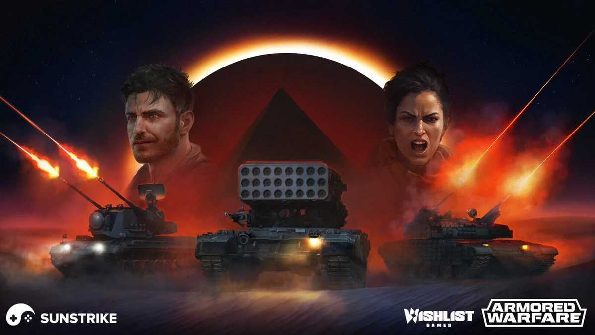 Mobile game key art with two characters and three battle tanks firing rockets under a red eclipse, branded Sunstrike and Wishlist Games Armored Warfare
