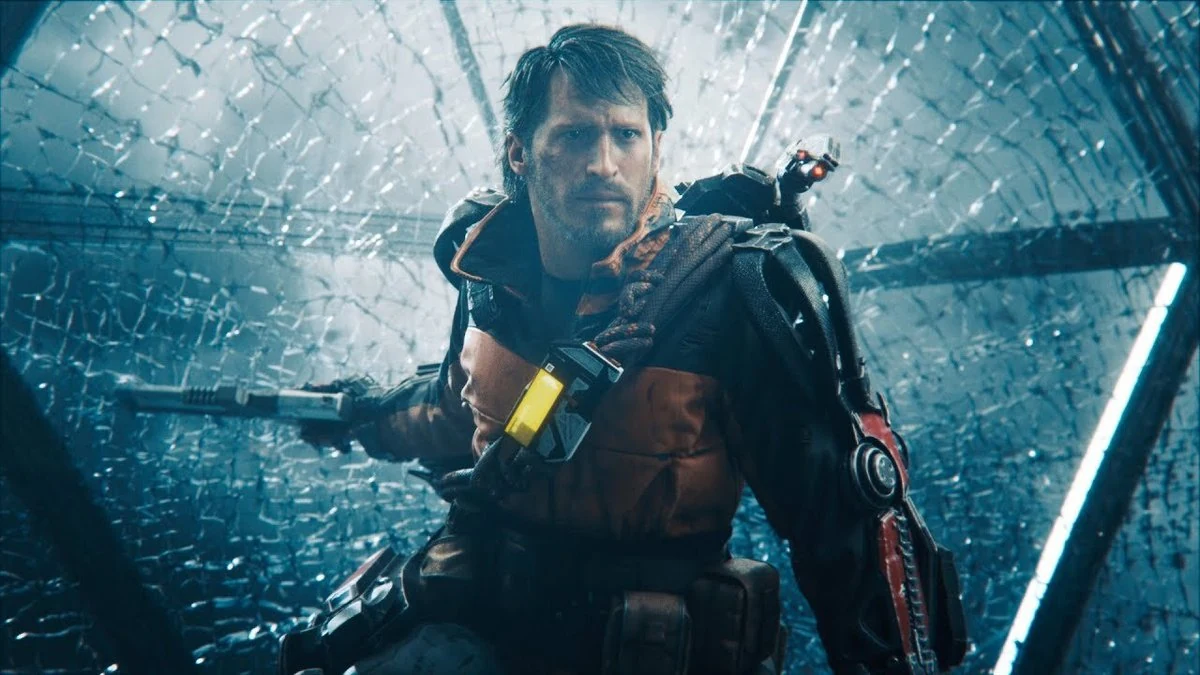 Cinematic mobile game cutscene of a rugged male hero in tactical armor aiming a pistol inside a shattered glass dome environment, dramatic blue lighting