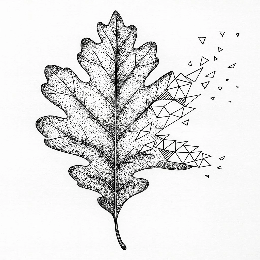 Pencil drawing of a single oak leaf dissolving on the right edge into geometric triangle fragments, illustrating the leaf-as-mass concept