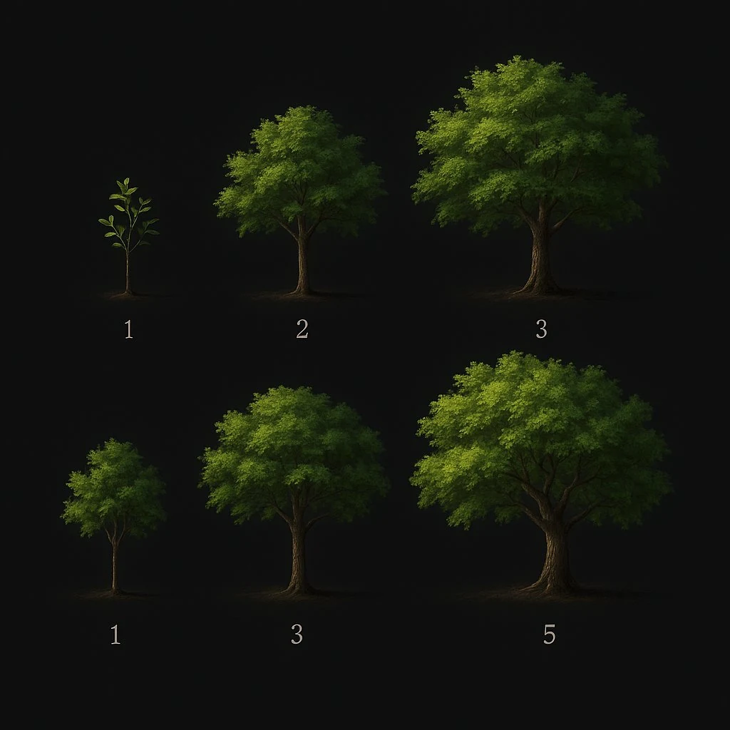 Five-stage tree growth study on dark background showing the same painted tree from sapling to mature canopy with progressively bigger silhouettes