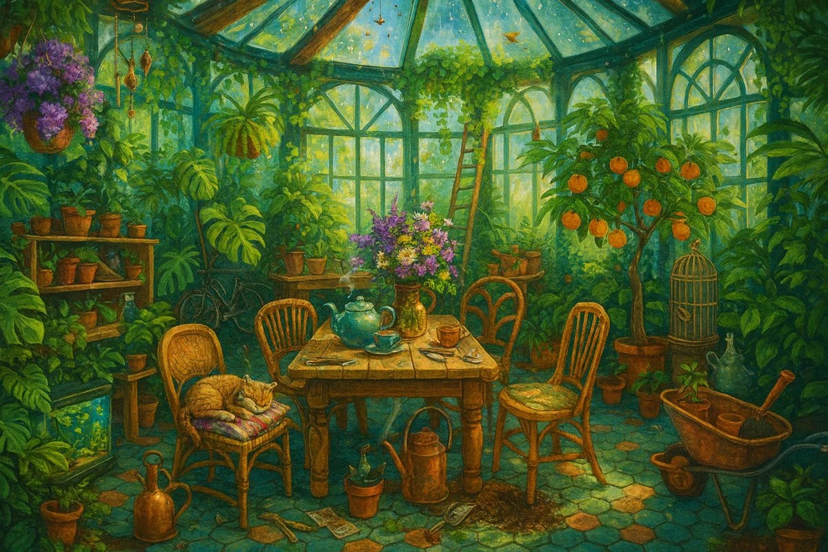 Lush painted greenhouse interior crowded with hanging baskets, potted plants, an orange tree, wicker chairs and a sleeping ginger cat at a wooden table