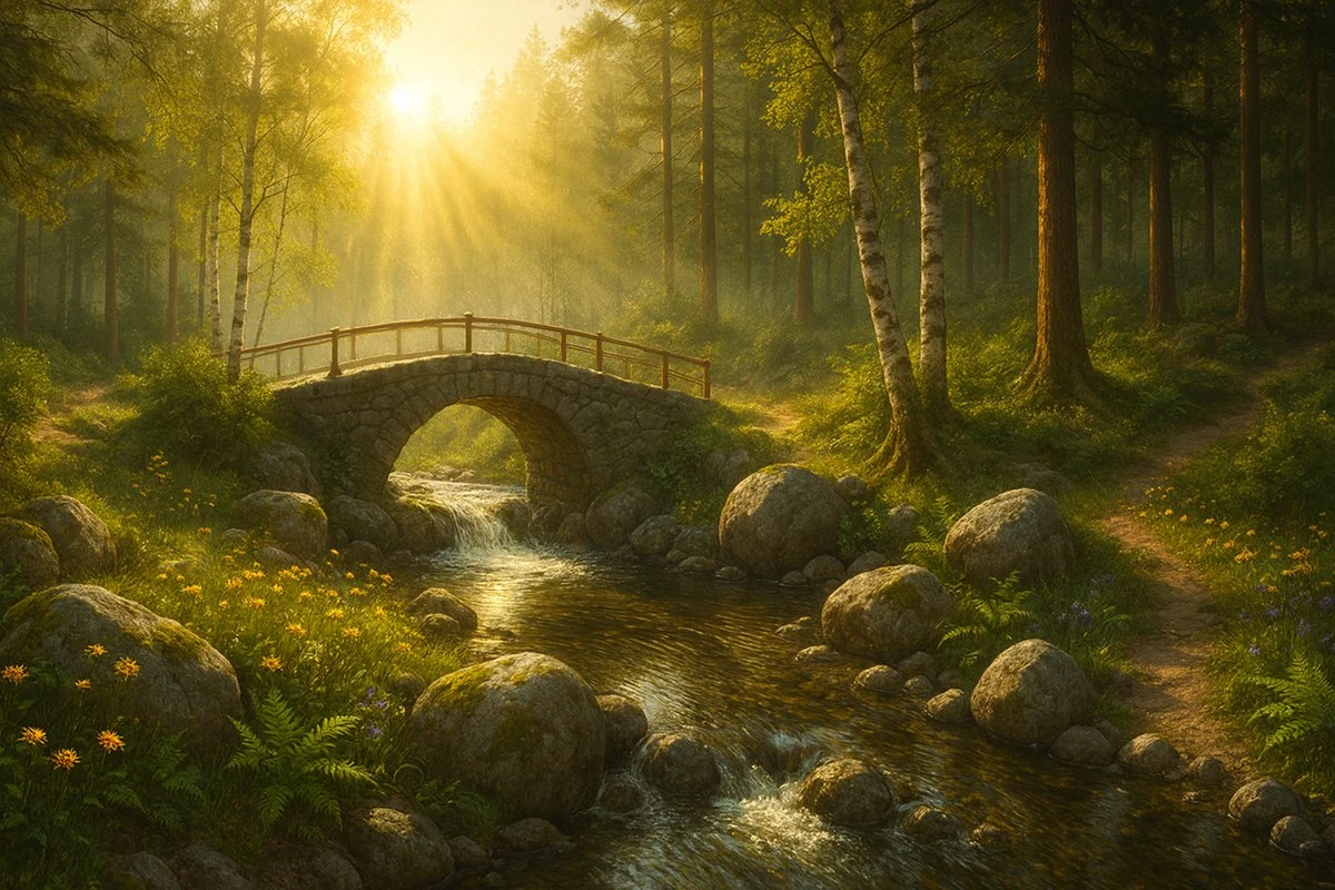 Painted forest scene with stone arch bridge over a small stream, golden sunlight breaking through pine and birch trees, and wildflowers along a path