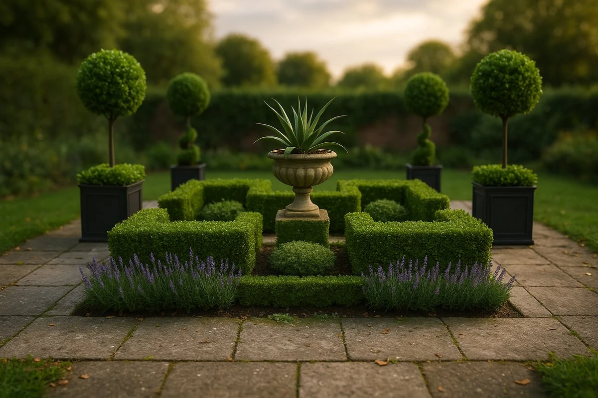 Realistic photo-style formal garden with manicured boxwood parterres, lavender borders, topiary balls in planters and a stone urn fountain