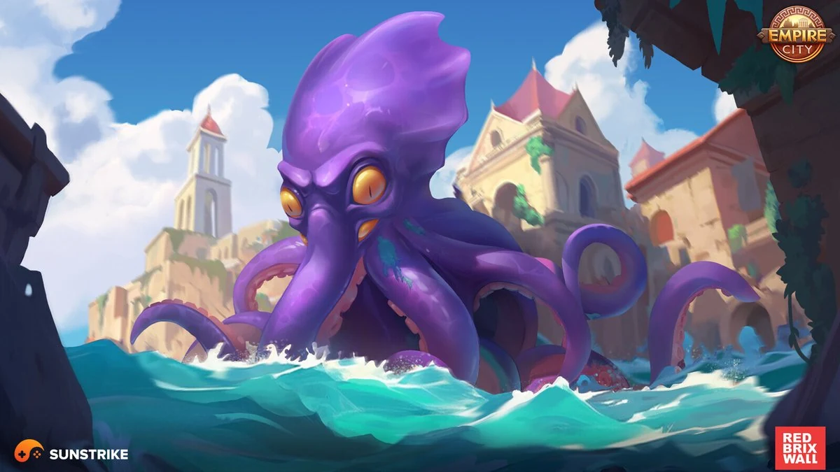 Empire City key art with a giant purple octopus emerging from turquoise waves beside Mediterranean stone buildings, 2D game art