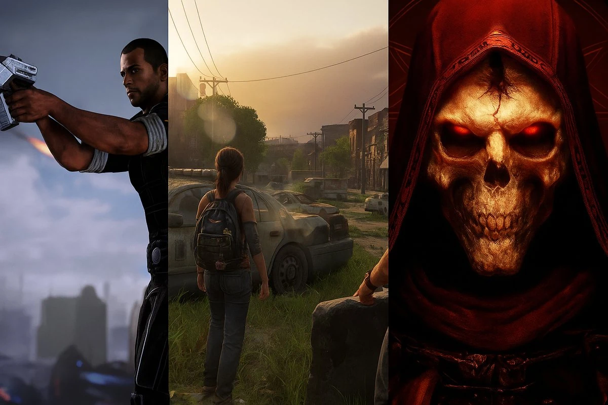 Triptych collage of Mass Effect Shepard firing a pistol, The Last of Us Ellie in an overgrown street, and Diablo II Resurrected hooded skeletal figure