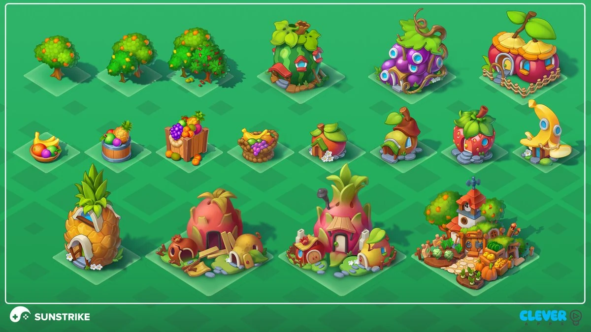 Set of stylized food and prop icons for a casual match-3 mobile game with clean shapes, soft shading and vibrant colors
