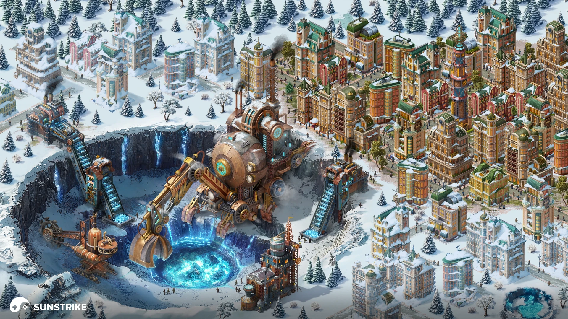 Isometric winter event drop for a city builder - snow-covered town with steampunk geothermal machine and frozen waterfall, seasonal live-ops content art by SunStrike Studios