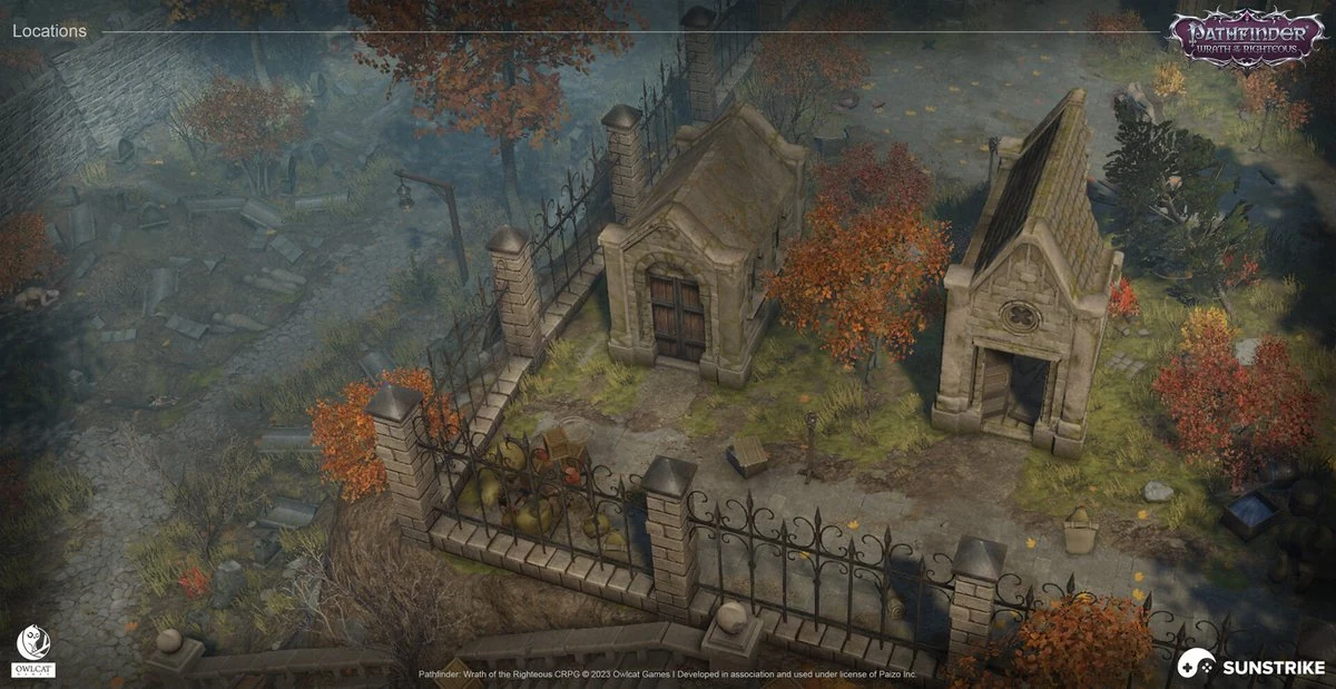 Detailed isometric 2D fantasy environment with stone architecture, flowing water and atmospheric lighting created as a game background
