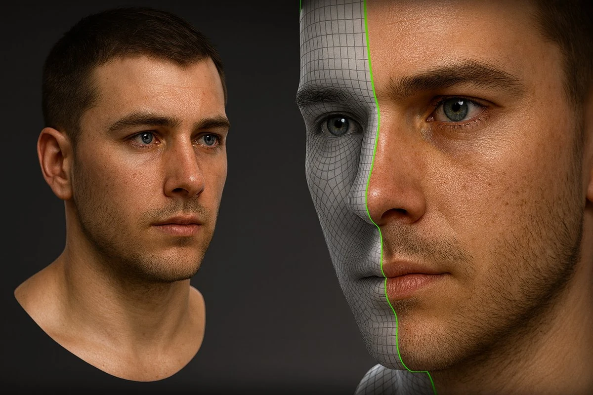 Realistic male head 3D model showing finished textured render side-by-side with wireframe topology and base mesh, demonstrating PBR skin material with pores and stubble