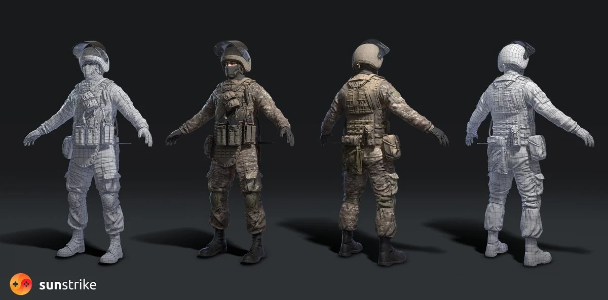Four views of a modern military soldier 3D character in camouflage tactical gear and helmet, showing textured front and back renders alongside wireframe topology
