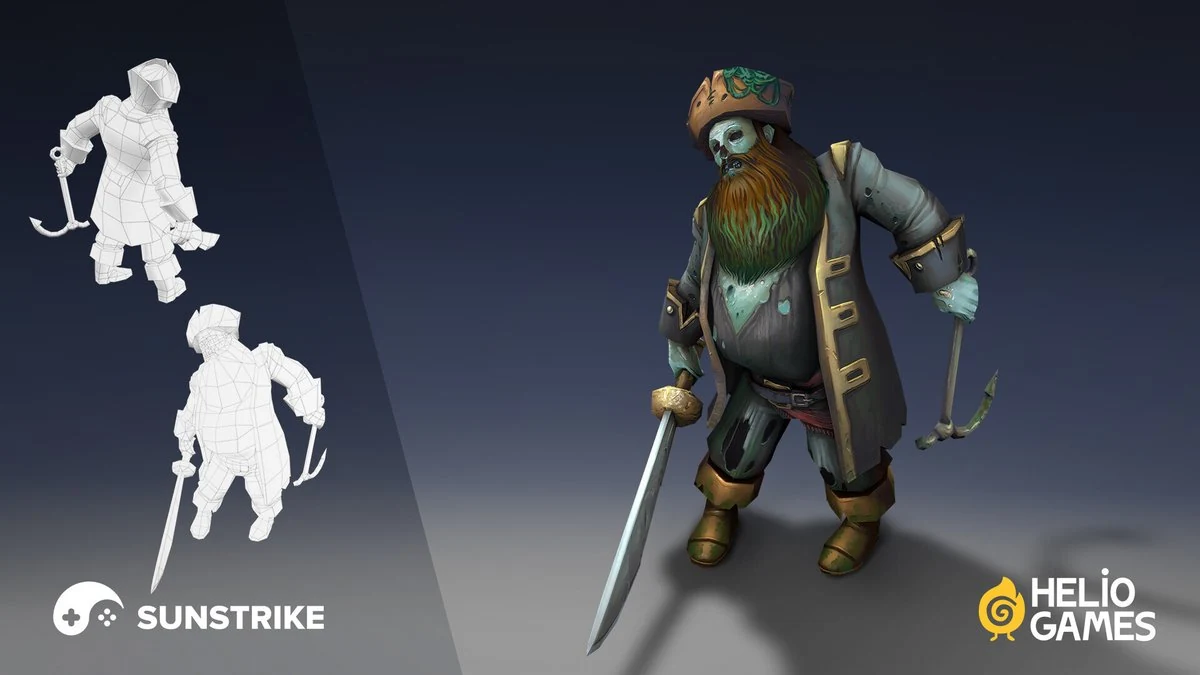 Stylized cartoon pirate zombie 3D character with green skin, red beard, tricorn hat and cutlass shown next to low-poly white block-out meshes used for early gameplay testing