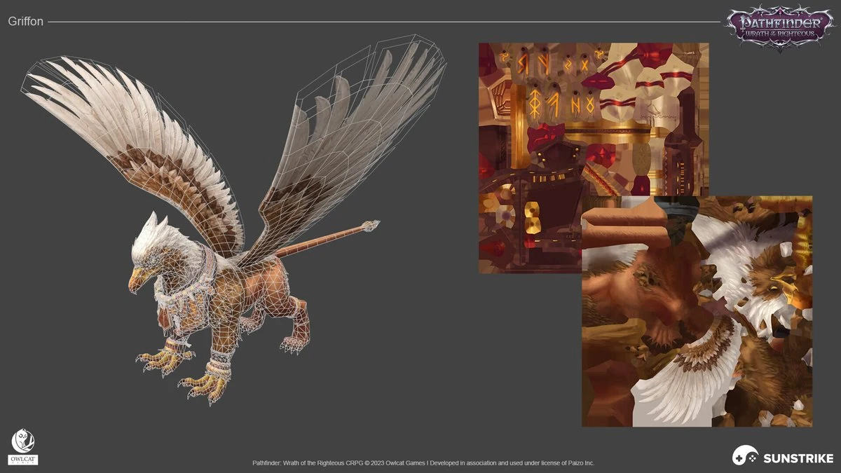 Fantasy griffon creature 3D model with eagle head and wings beside textured close-ups of feathers and runic stone tile artwork from Pathfinder Wrath of the Righteous