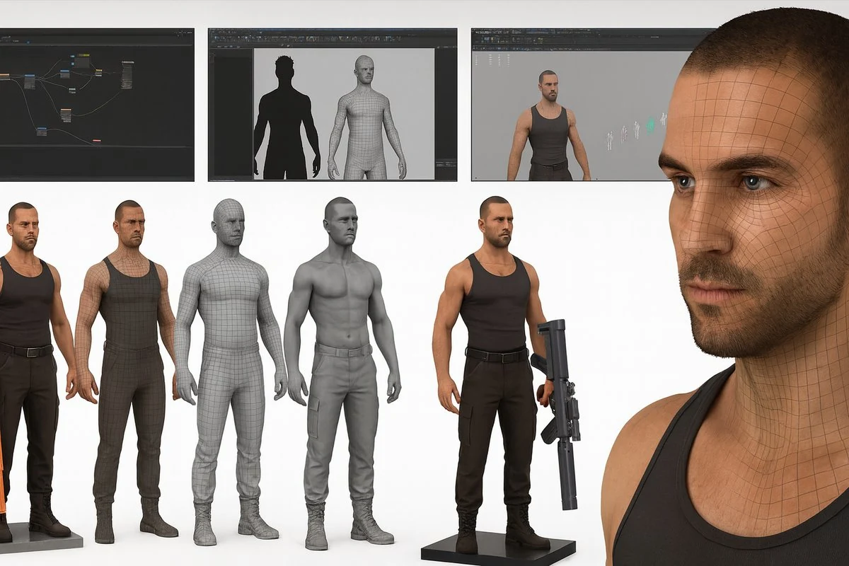 Production reference sheet showing male protagonist 3D character in tank top with sidearm presented in turntable poses, wireframe views and finished close-up portrait