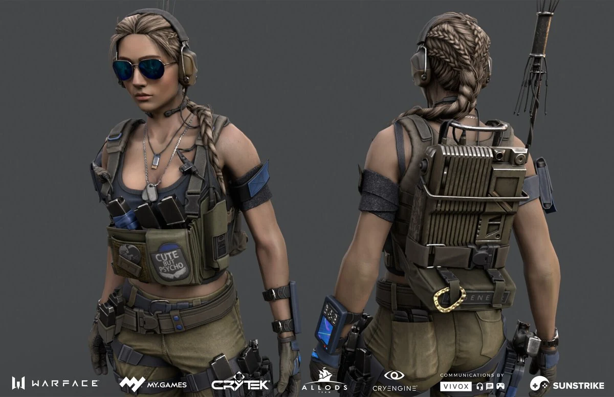 Female military operator 3D character with braided hair, headset, mirrored aviator sunglasses and tactical chest rig shown in front and back hero renders for Warface