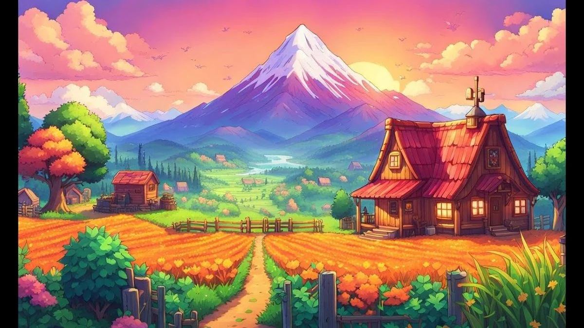 Stylized 2D game art of a cozy cottage beside an orange flower field with a snow-capped mountain at sunset, autumn palette