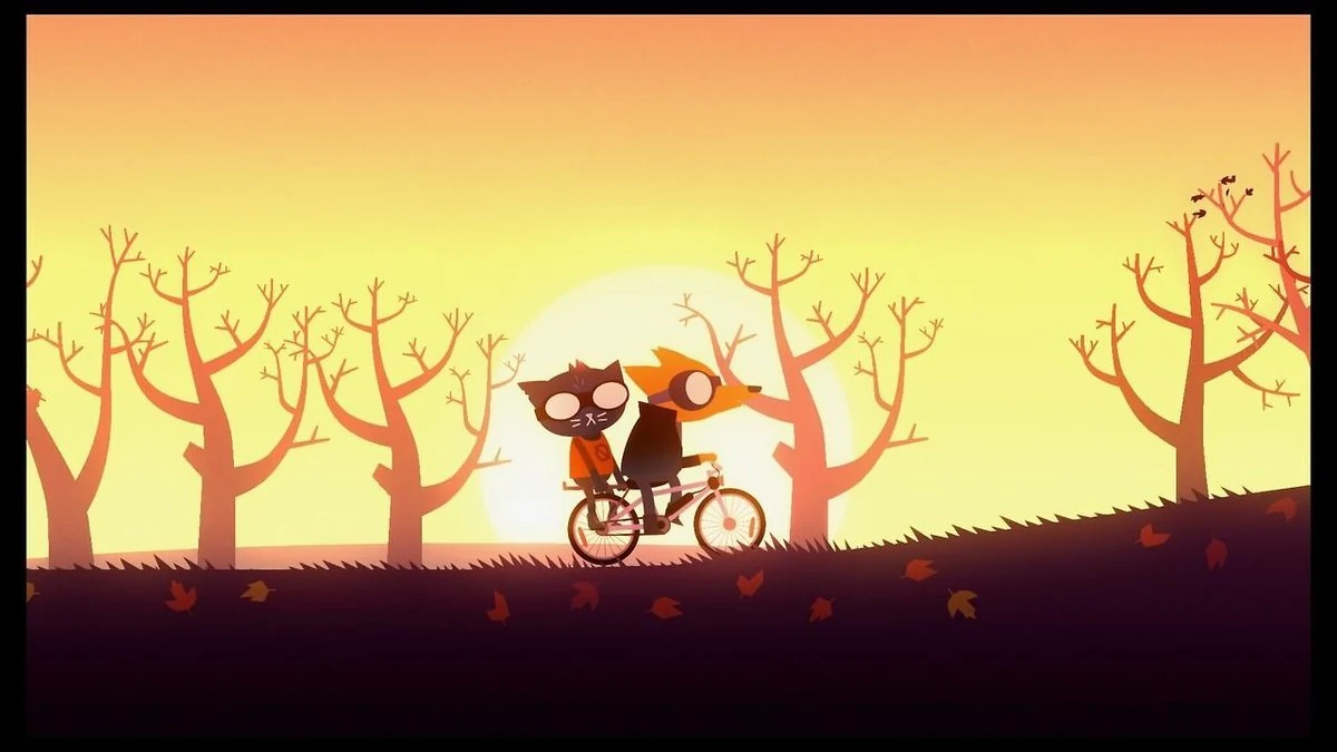 Night in the Woods autumn scene - cat and fox characters silhouetted on a bicycle against a setting sun and bare trees