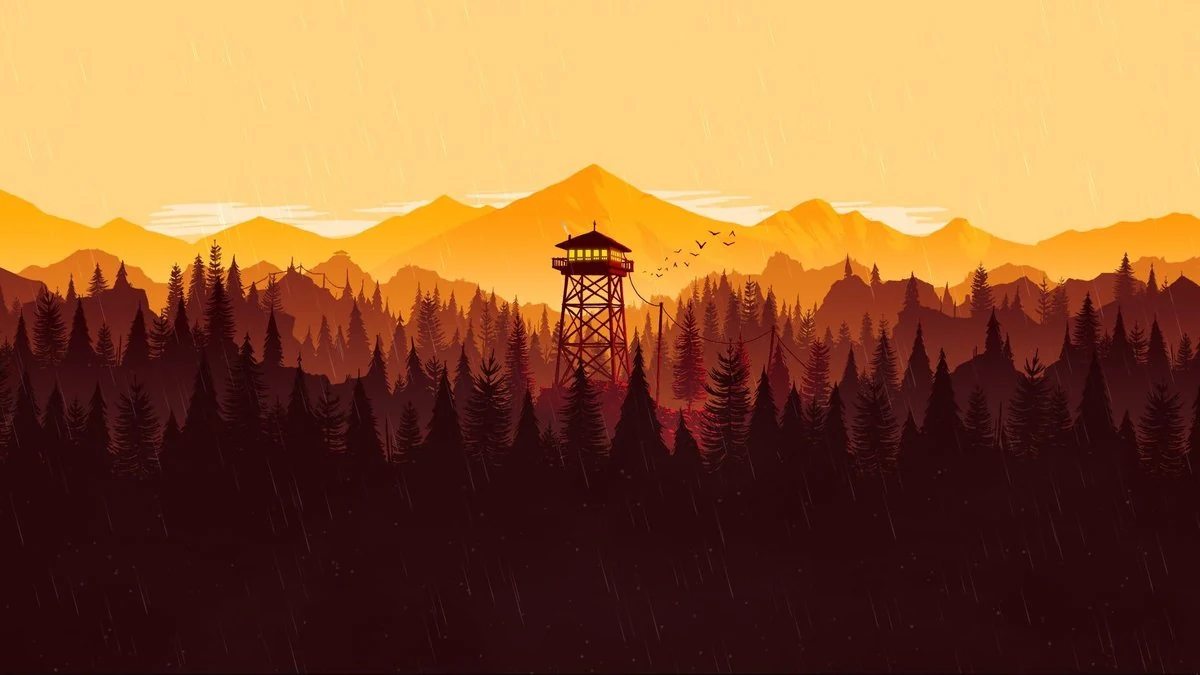 Firewatch fire lookout tower silhouetted against orange mountains and pine forest in light rain - flat-color game art