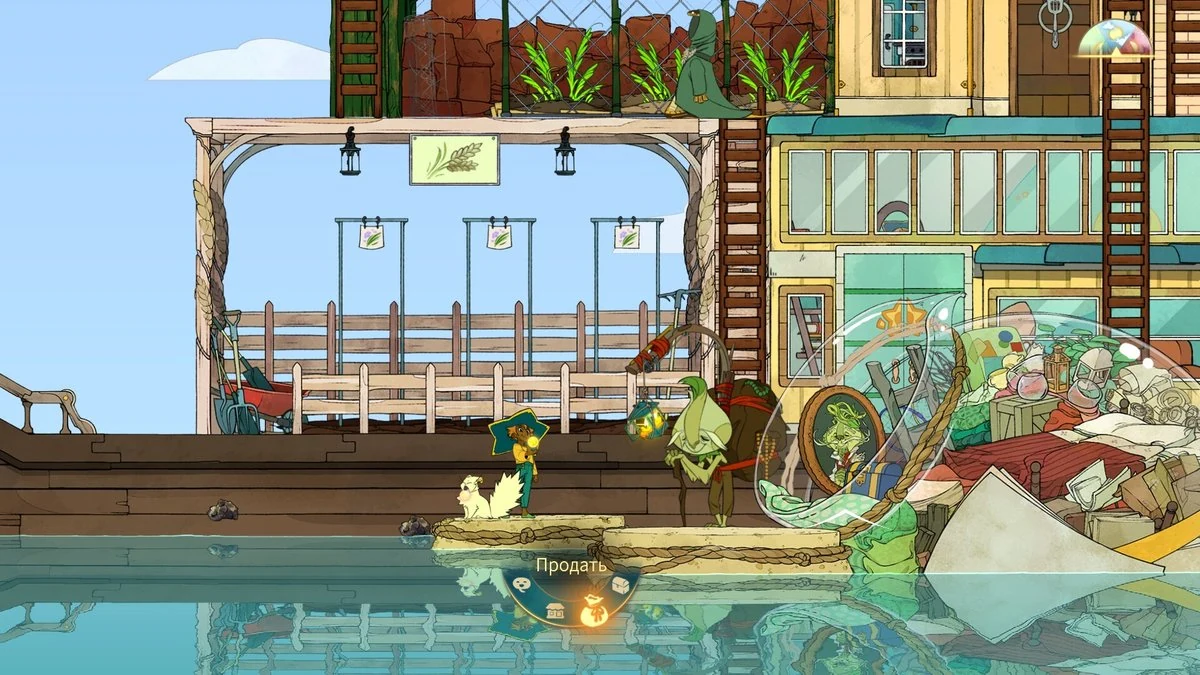 Spiritfarer hand-drawn 2D game art - boat dock with hanging lanterns, plant beds, and a character offering goods over the water
