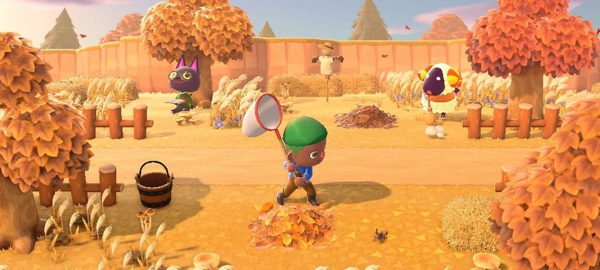 Animal Crossing New Horizons autumn village with red and orange foliage, scarecrow, character with butterfly net, and animal villagers