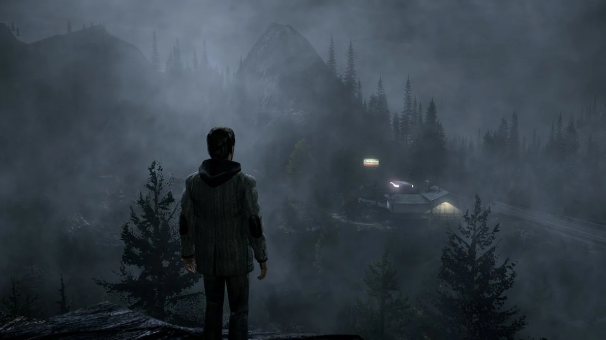Alan Wake II screenshot - lone figure on a misty forest road facing a car with headlights piercing the fog at night