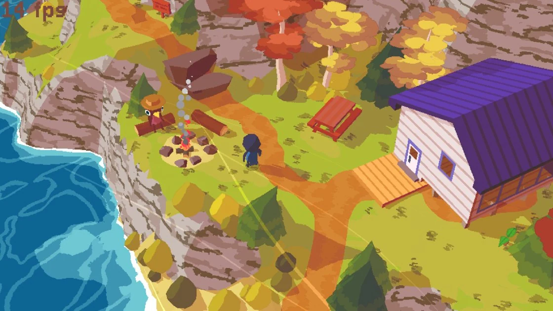 A Short Hike low-poly 3D scene - tiny character beside a campfire on an autumn cliff overlooking blue water and orange trees