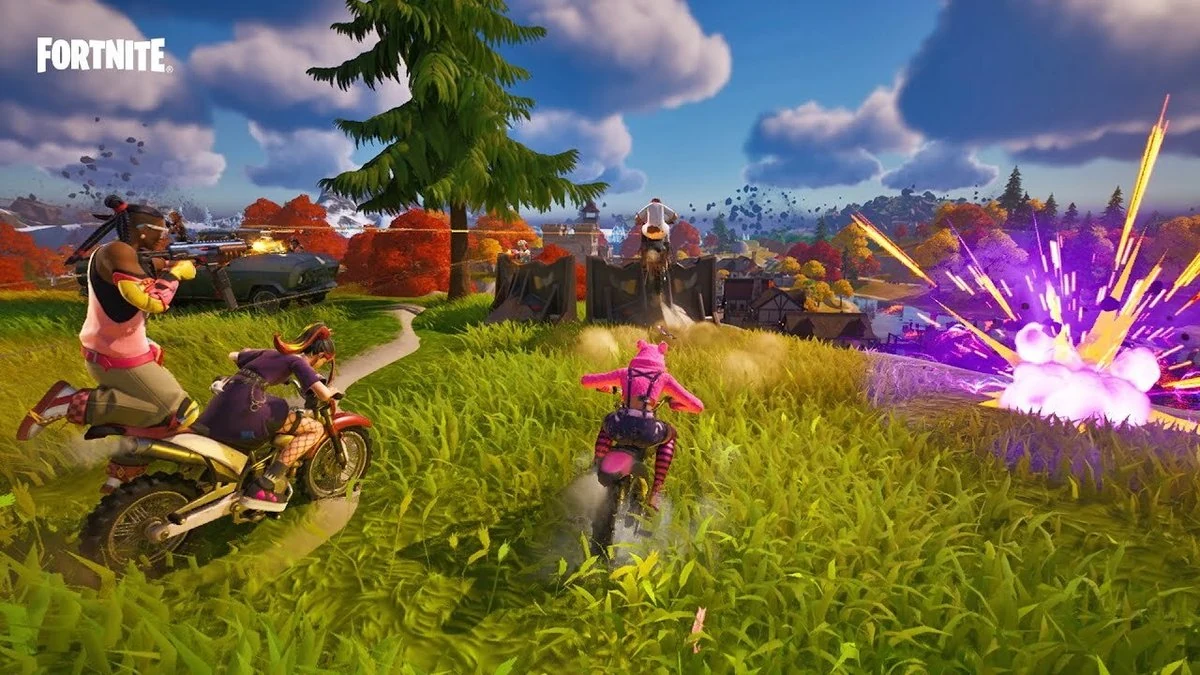 Fortnite gameplay scene - female character on motorbike riding through a colorful Battle Royale arena with autumn trees and a purple explosion in the distance