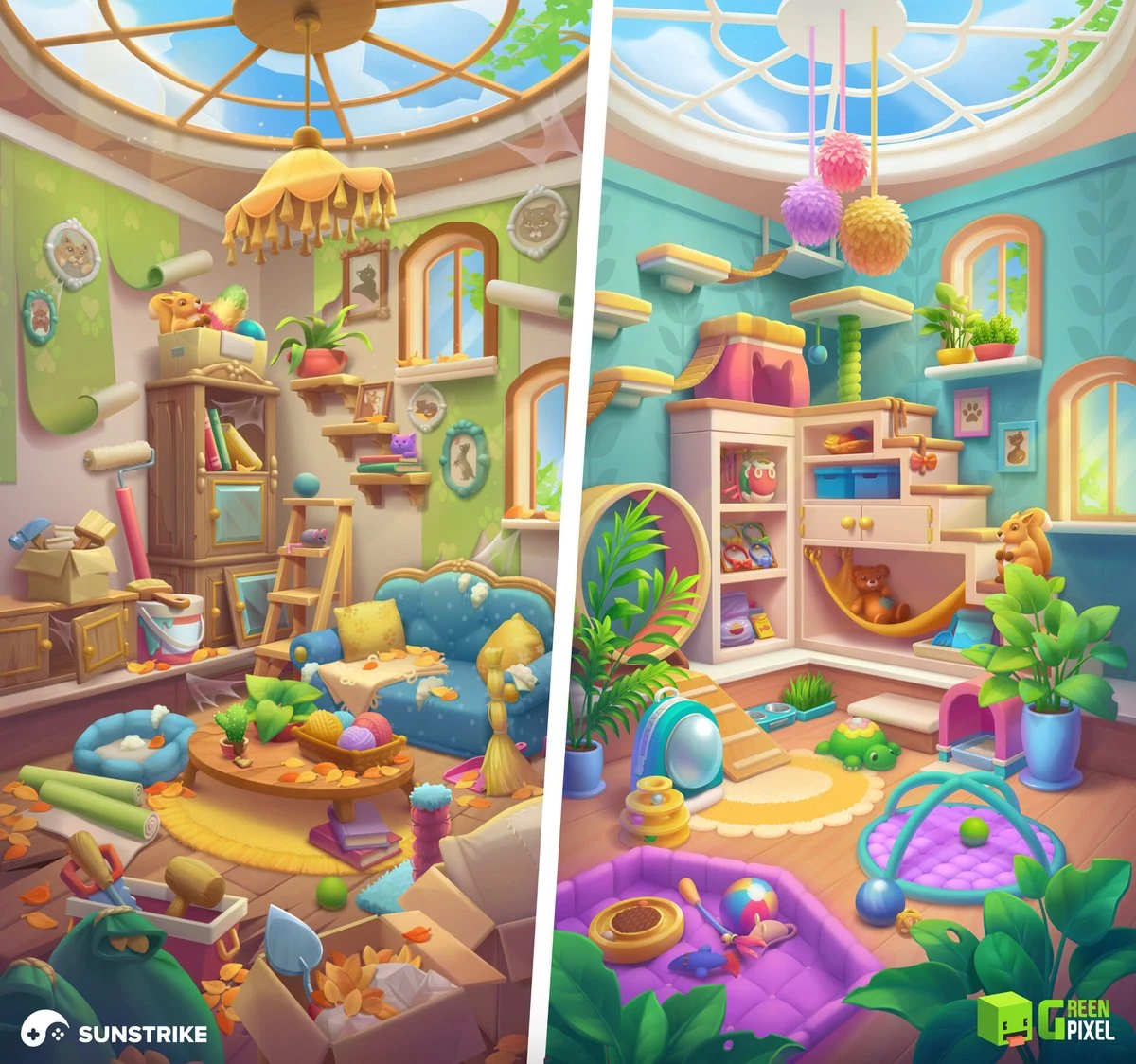 2D casual game illustration - side-by-side scene comparing a cluttered messy room and a tidy bright playroom for a hidden object game