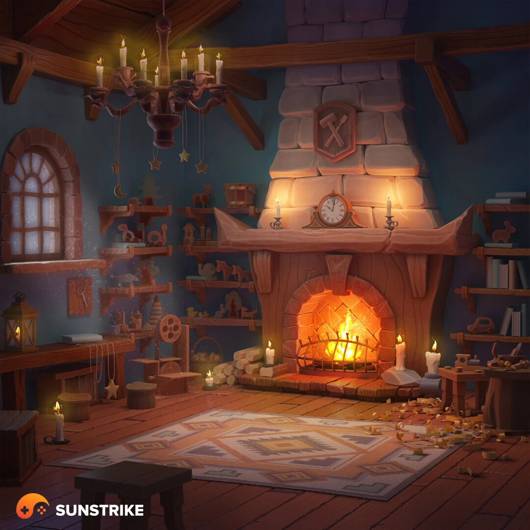 Warm 2D environment illustration - cozy wooden workshop interior with stone fireplace, candle chandelier, hand-carved trinkets and a starlit window