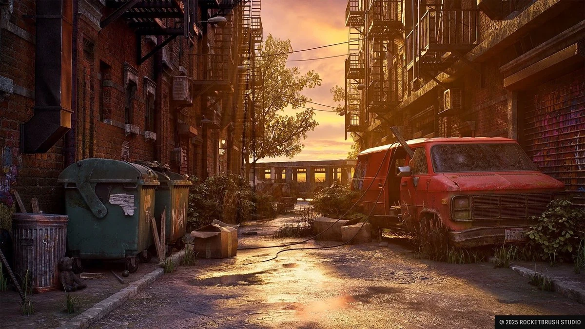 3D environment art - run-down urban alley at sunset with rusty red van, dumpsters and overgrown brick buildings, post-apocalyptic mood, by RocketBrush Studio