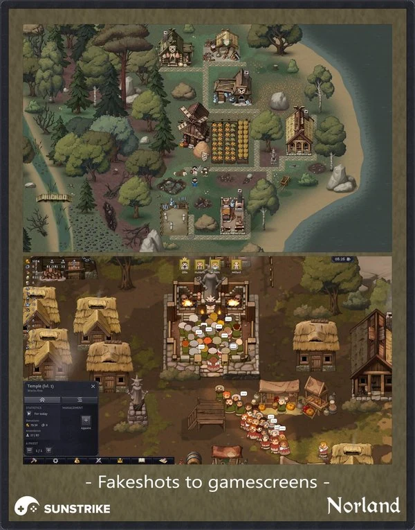 2D top-down village game art for Norland - medieval settlement with stone houses, farms and forest paths shown as fakeshot and gamescreen comparison