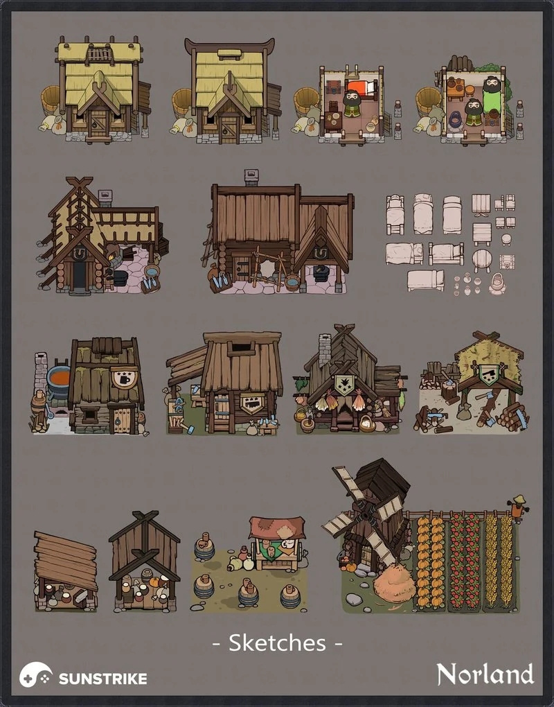 Hand-drawn 2D game art sketches for Norland - medieval house variations, market stalls and windmill in muted brown palette on grey background