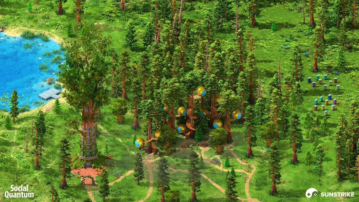 3D stylized forest game backgrounds for Megapolis - lush green canopies with hidden treehouses around a small lake on bright sunny day