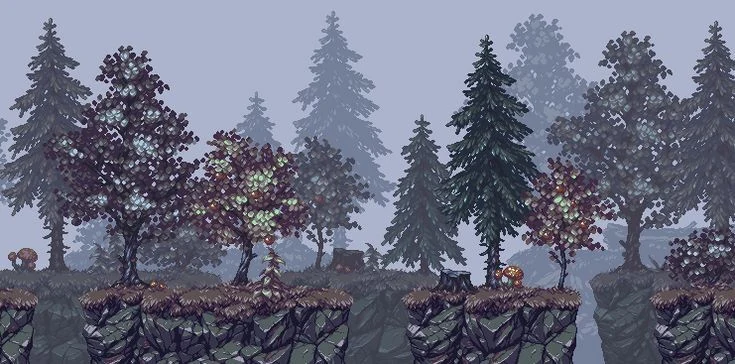 Pixel-art parallax forest game backgrounds with stylized pine trees on rocky cliffs - 2D side-scroller raster artwork for platformer level