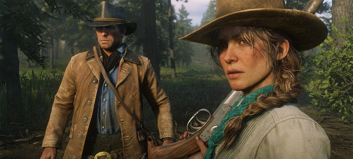 Photorealistic Western character art - cowboy in leather coat and woman in wide-brimmed hat holding a rifle in a forest, in the style of Red Dead Redemption 2