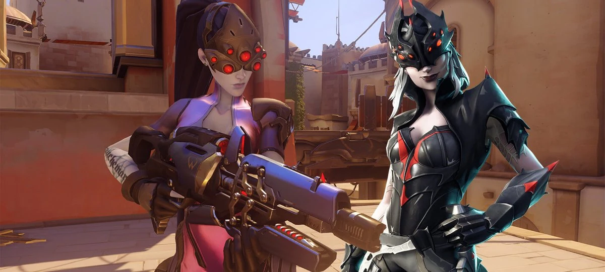 Stylized character art of two female heroes in armored sci-fi suits with sniper rifles in a sunlit courtyard, in the bright Overwatch art direction