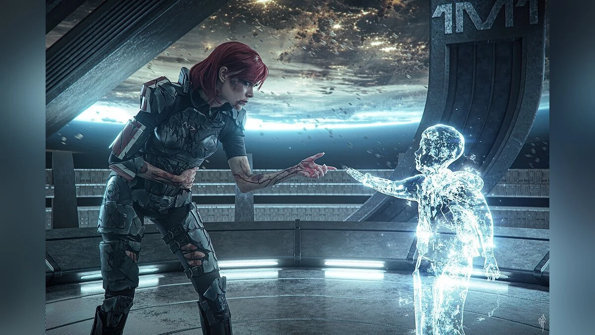 Sci-fi character art of an armored female commander reaching toward a glowing holographic figure aboard a starship overlooking a planet, in the style of Mass Effect