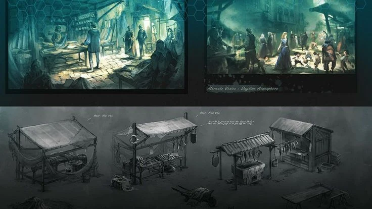 Production reference sheet showing market-stall environment paintings and grayscale orthographic views of fish-stand props with annotations